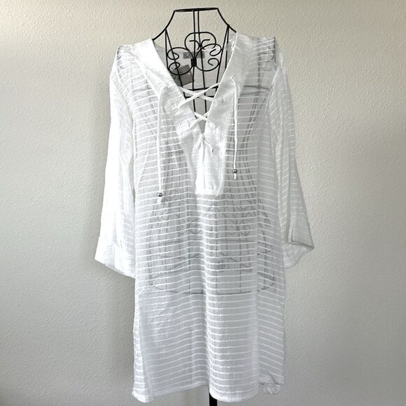 NWT J. Valdi Lace Up Shirt Swim Cover Up White - Picture 3 of 8